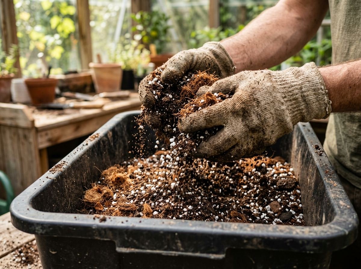 Mixing potting soil by hand