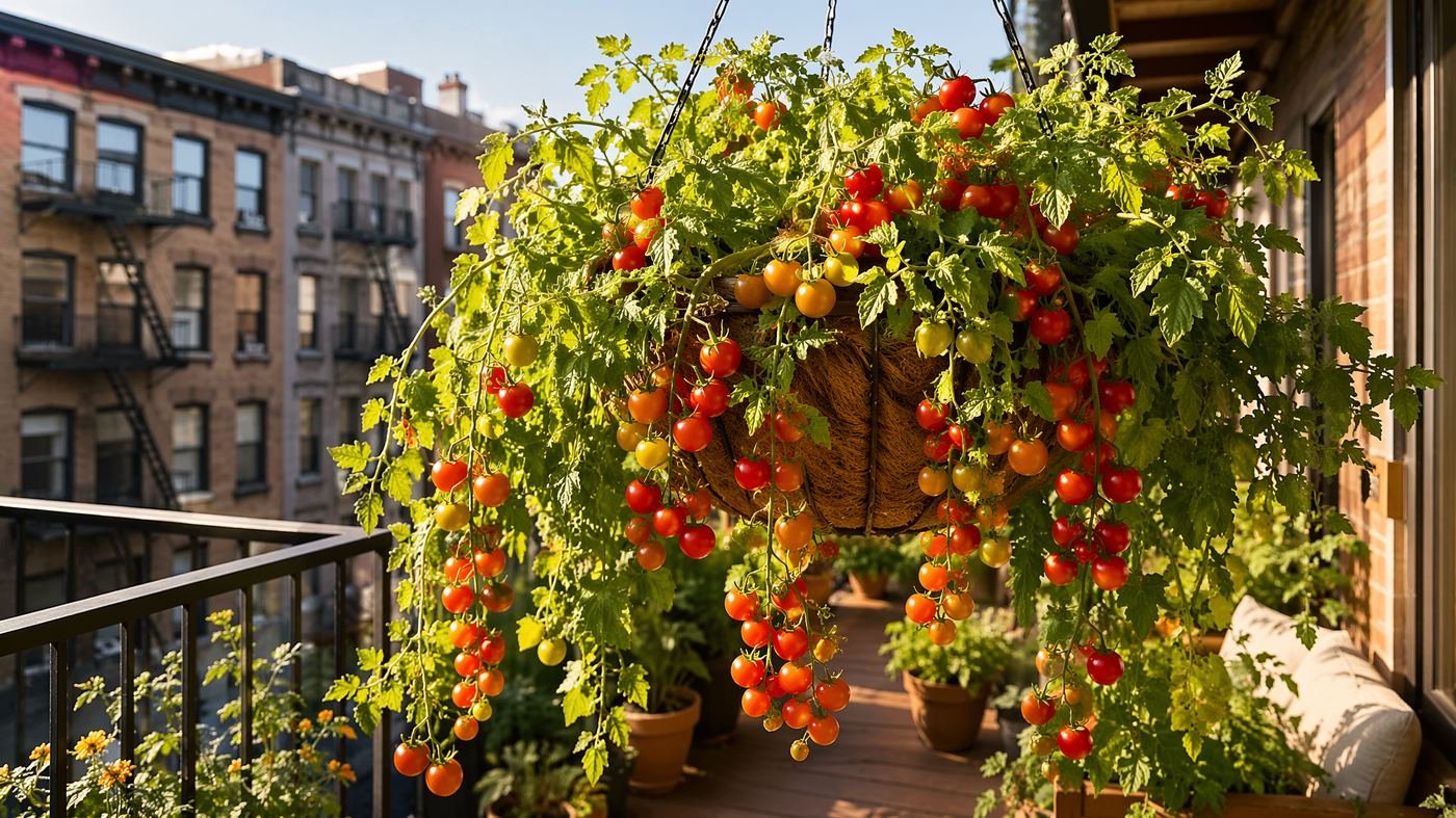 Cherry tomatoes growing on a city balcony