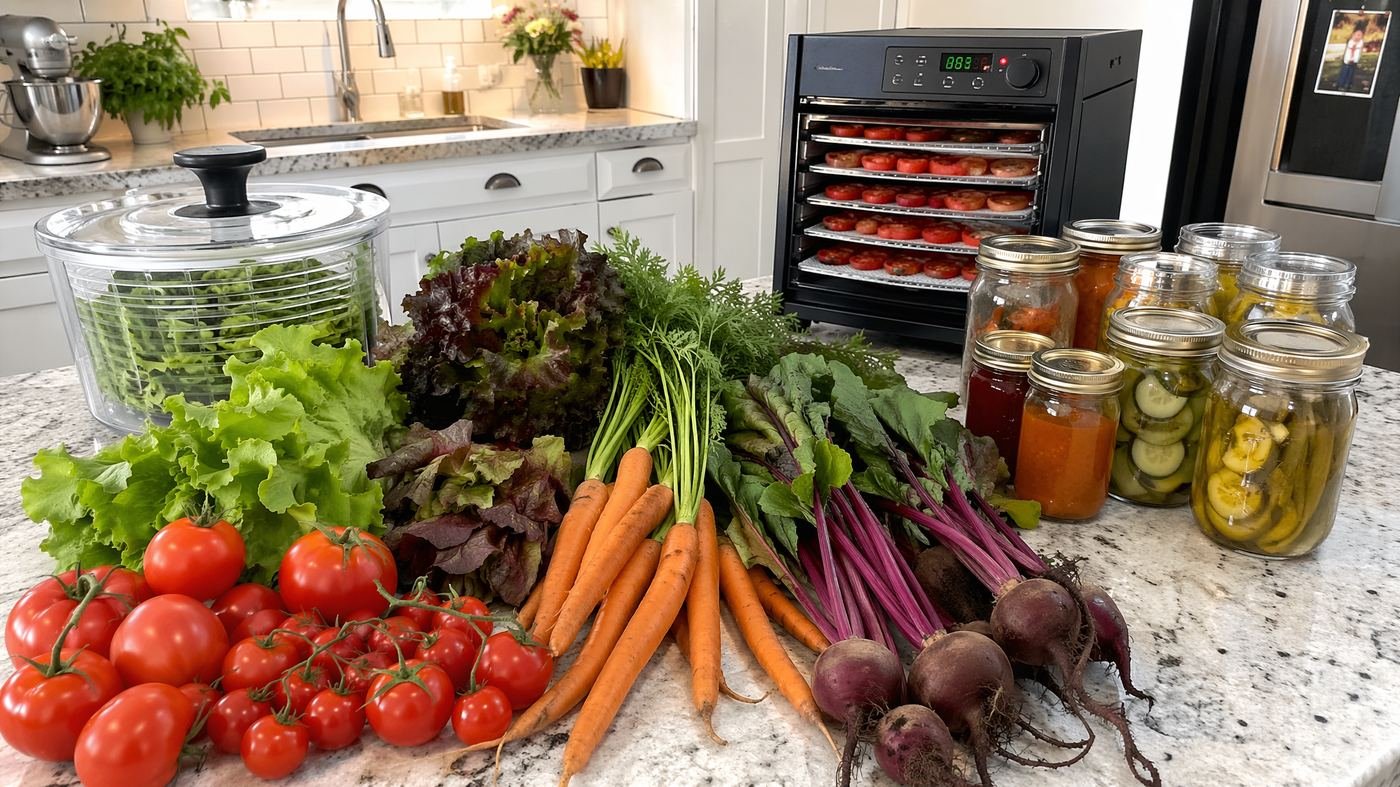 Processing a harvest with a dehydrator and canning jars