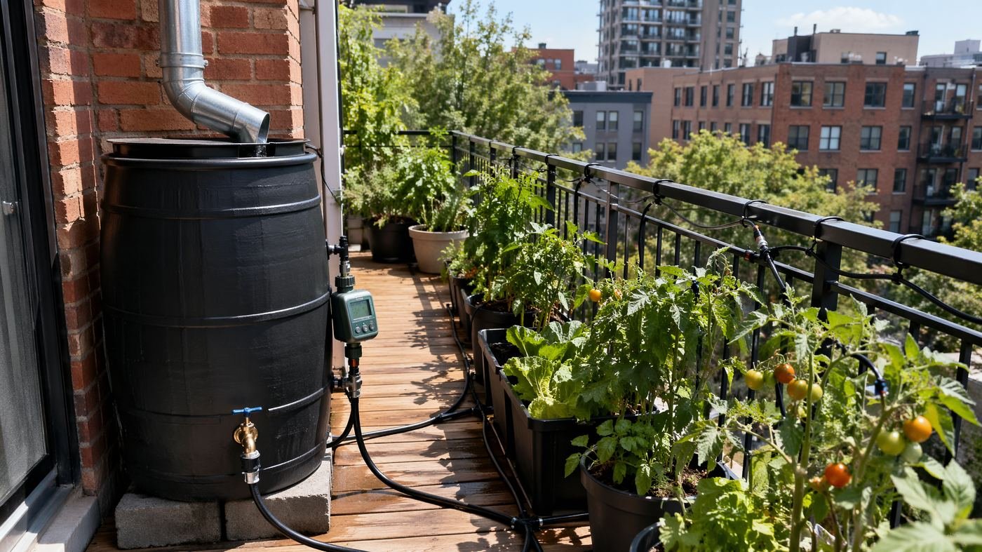 Rain barrel connected to drip irrigation