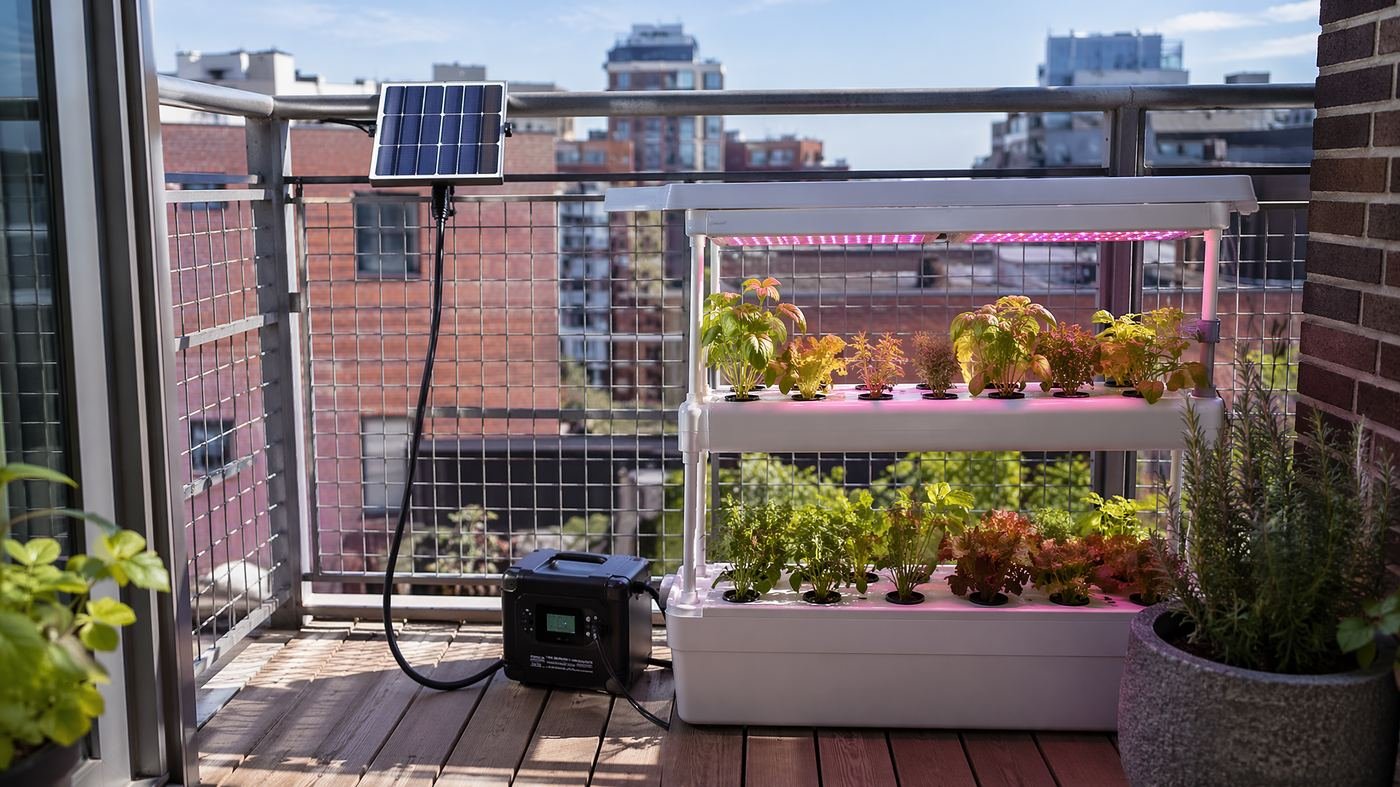 Solar-powered hydroponic tower on a balcony